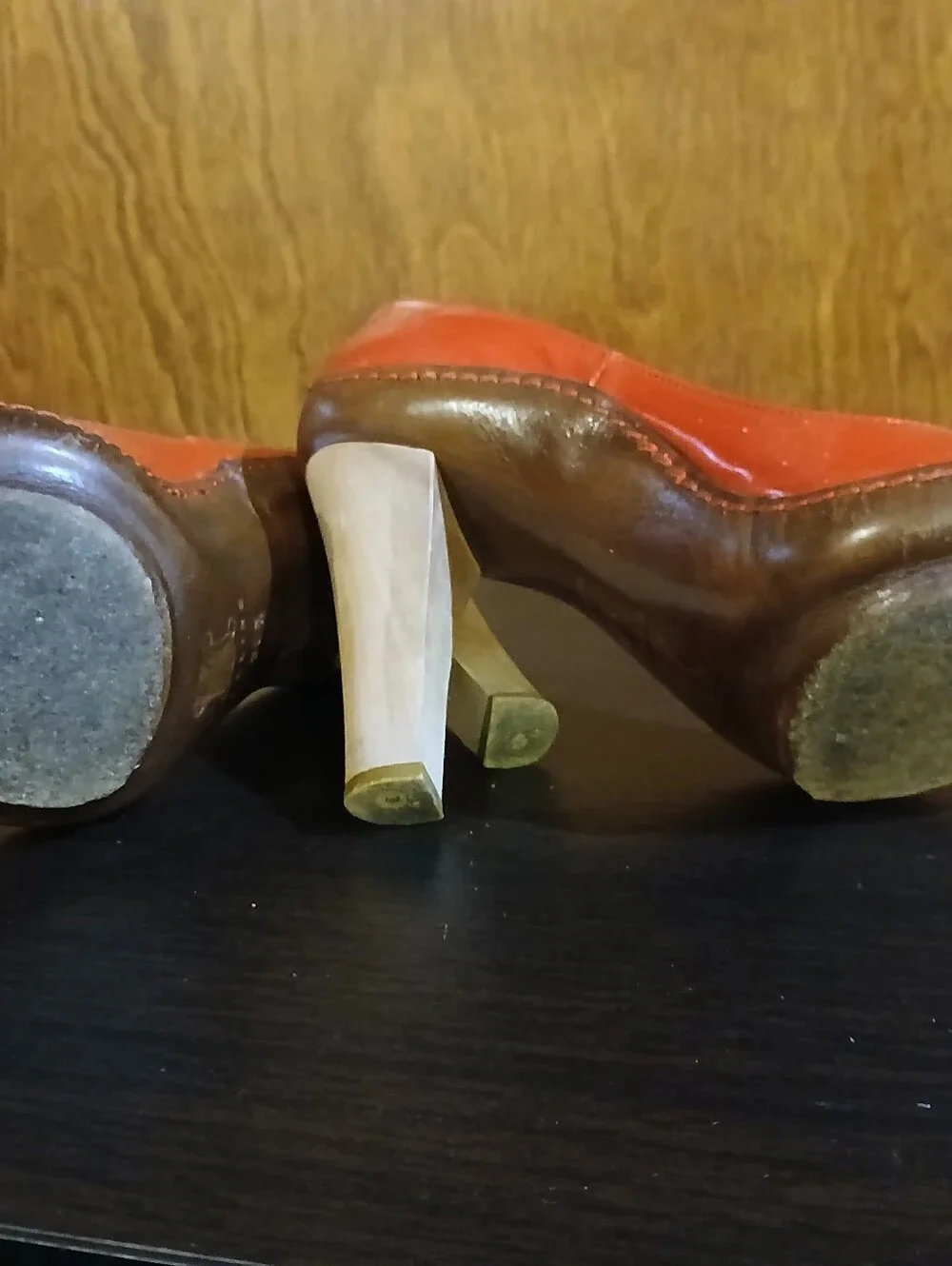 vintage CELINE red & brown patent leather wood heels